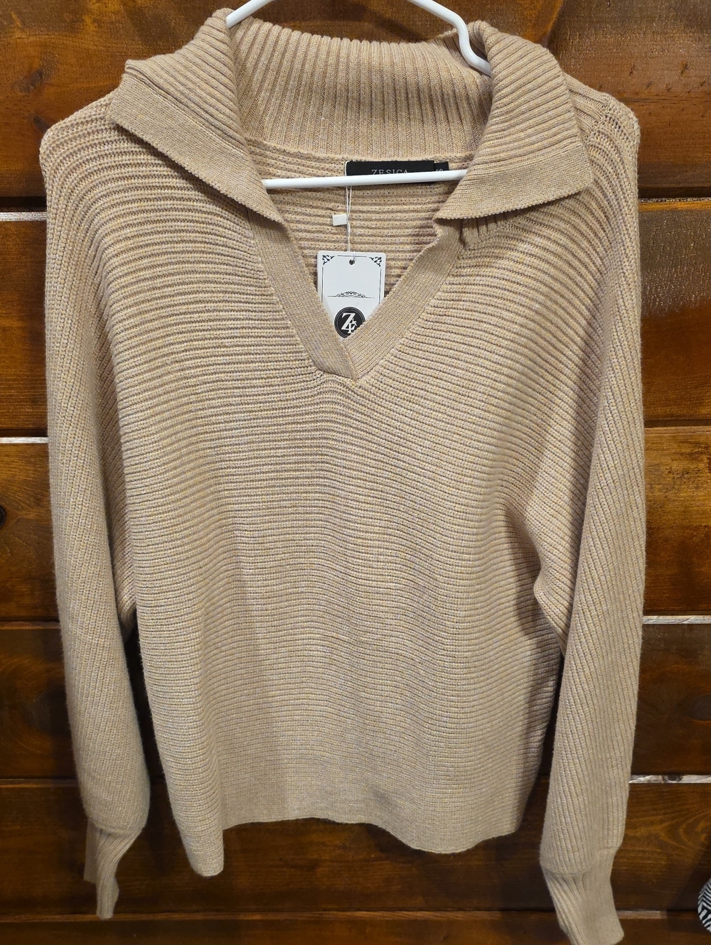 Zerica Tan Ribbed V-Neck Sweater with Collar